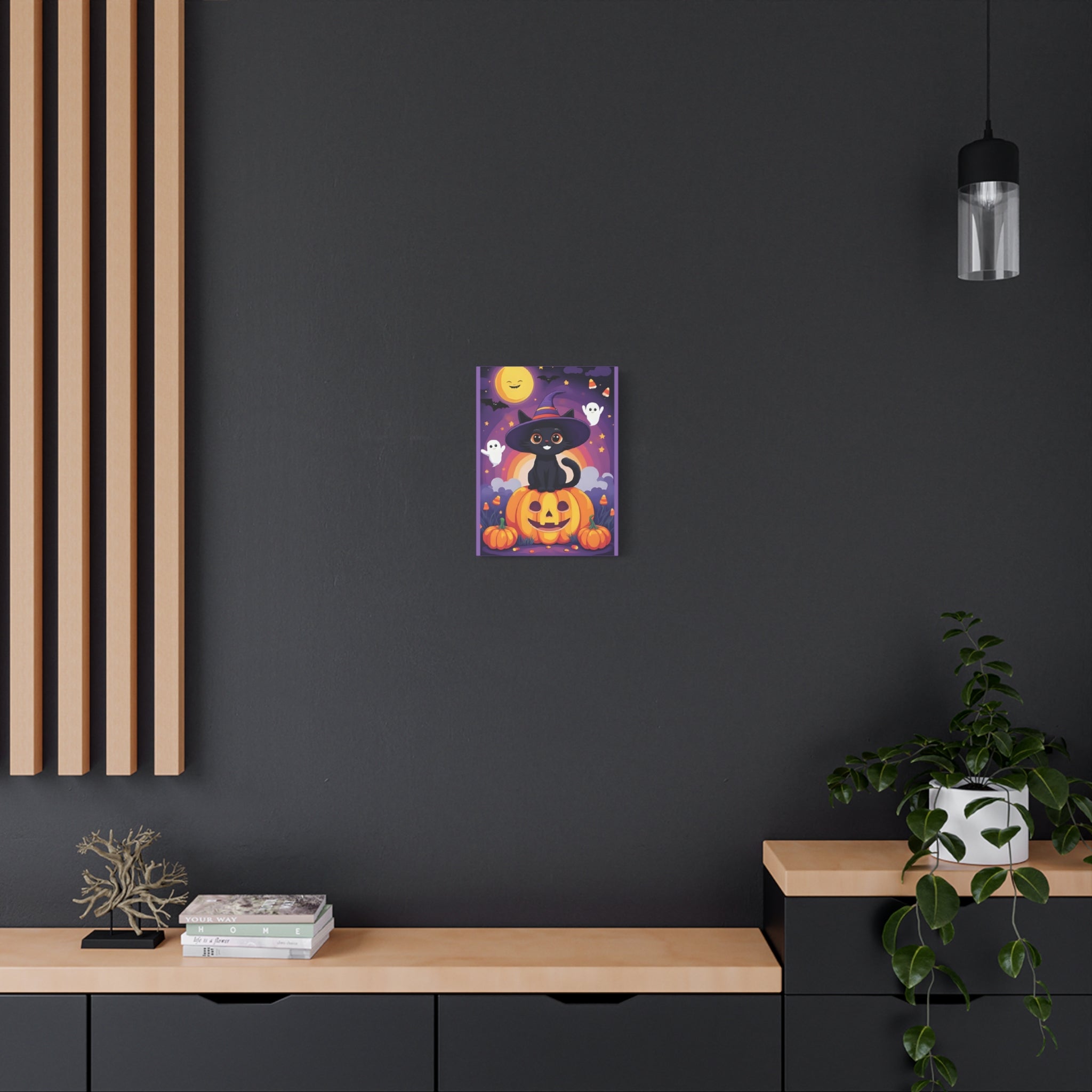 Halloween Cat Canvas Art, Cute Black Cat Wall Decor, Spooky Home Decoration, Fall Artwork, Trick or Treat Gift - Katoon kid