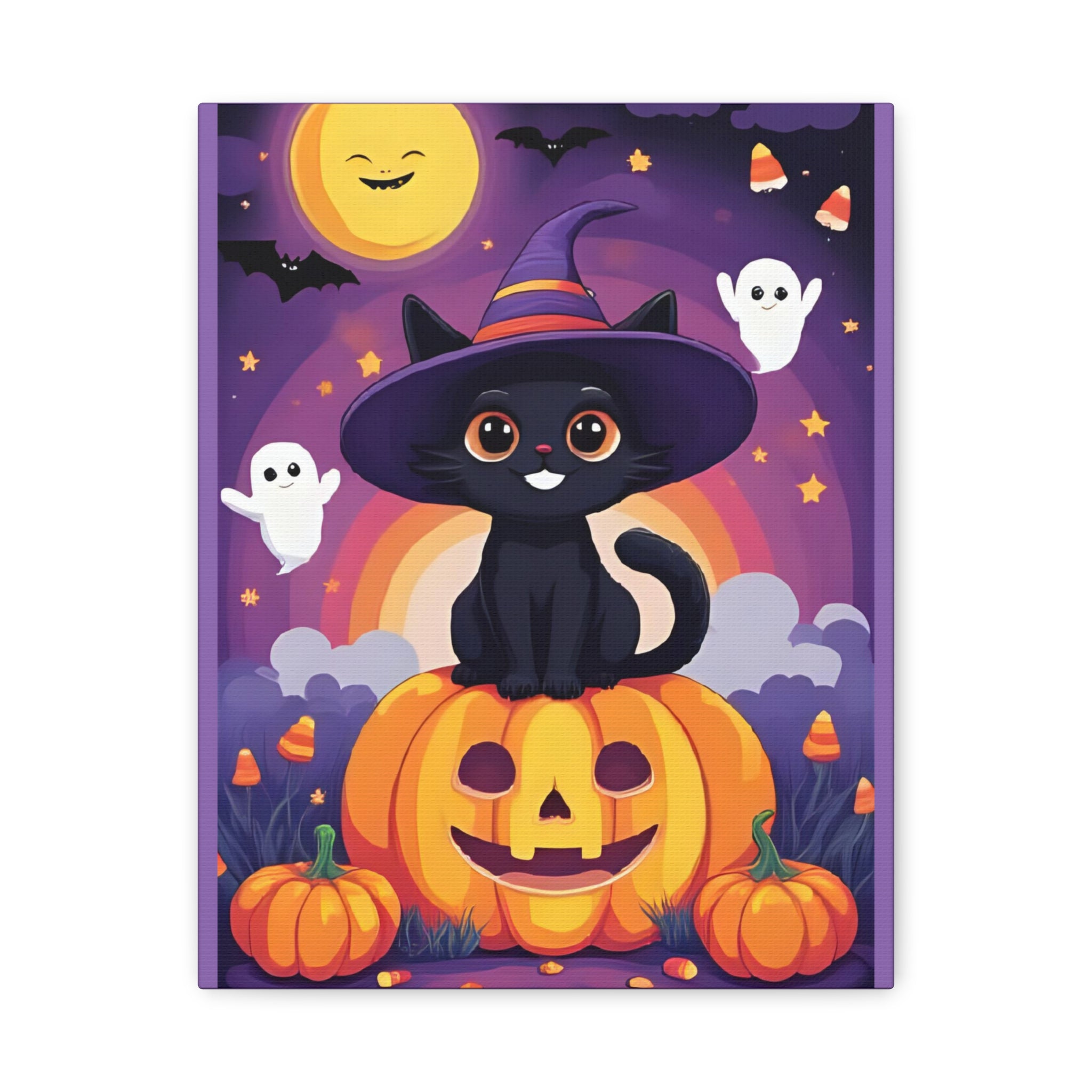 Halloween Cat Canvas Art, Cute Black Cat Wall Decor, Spooky Home Decoration, Fall Artwork, Trick or Treat Gift - Katoon kid