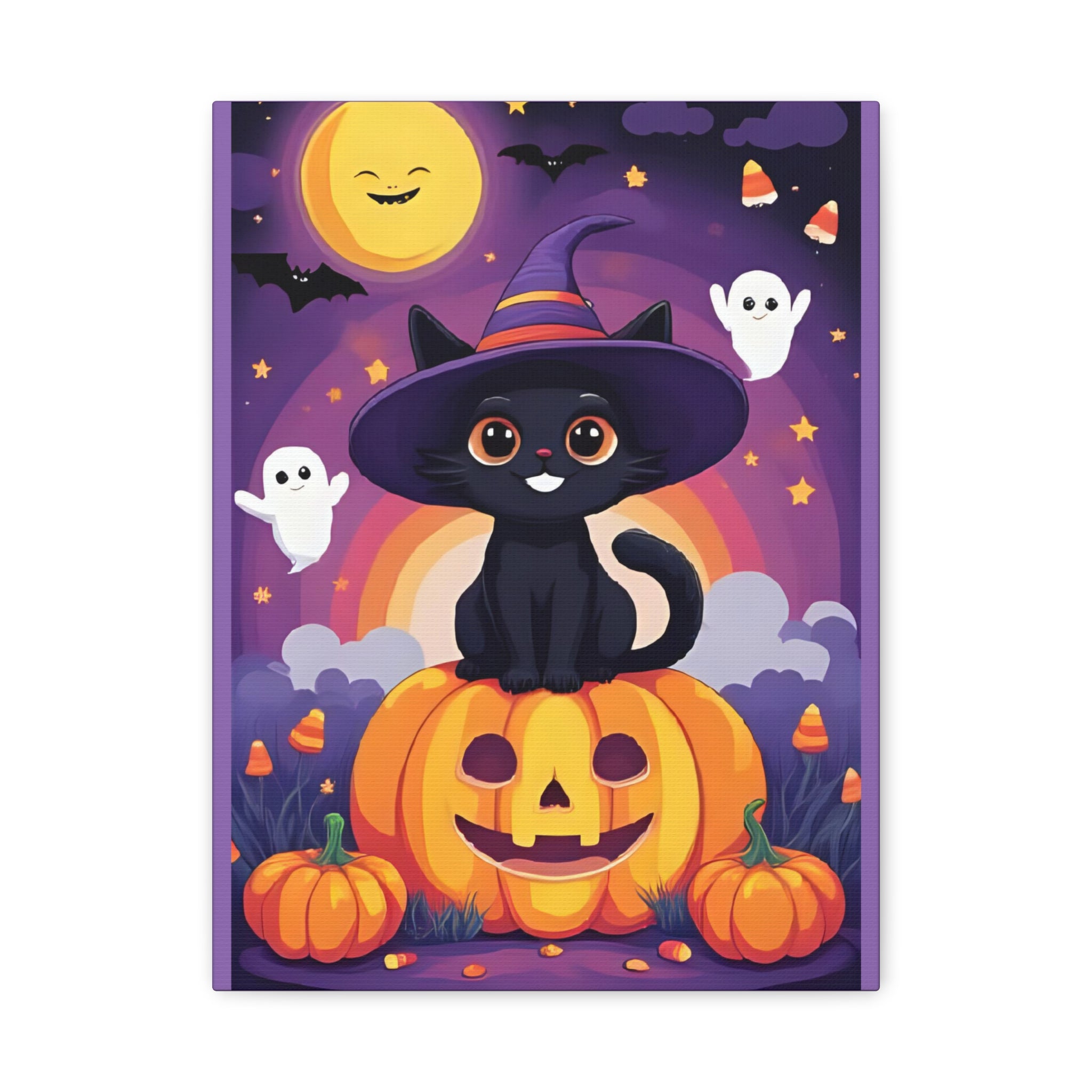 Halloween Cat Canvas Art, Cute Black Cat Wall Decor, Spooky Home Decoration, Fall Artwork, Trick or Treat Gift - Katoon kid